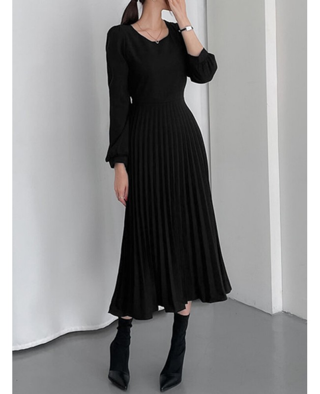 Solor Long Sleeve Round Neck Pleated Elegant Dress With Belt - khaki 3XL