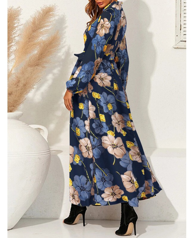 Cottagecore Flower Print Sash Lettuce-Edge Long Sleeve Maxi Dress - White L