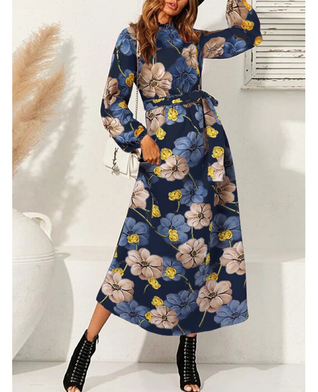 Cottagecore Flower Print Sash Lettuce-Edge Long Sleeve Maxi Dress - White L
