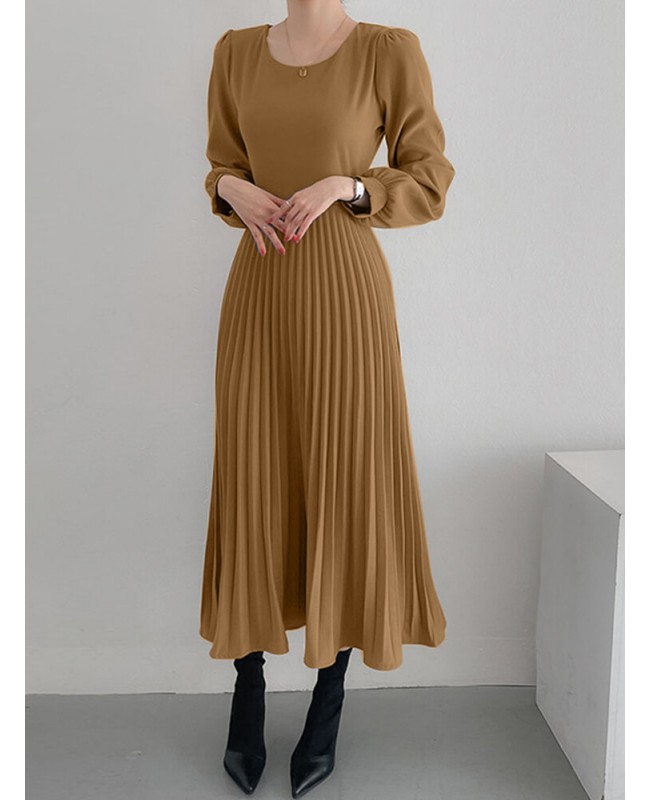 Solor Long Sleeve Round Neck Pleated Elegant Dress With Belt - khaki 3XL
