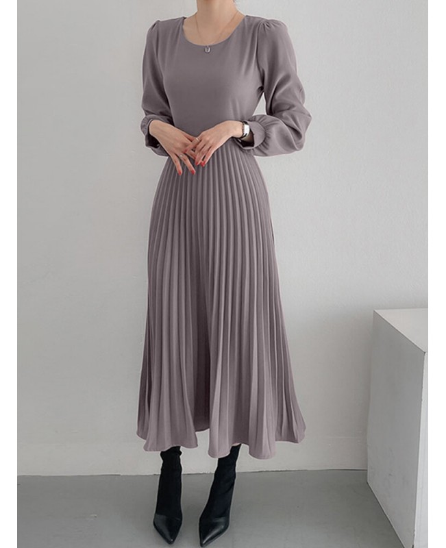 Solor Long Sleeve Round Neck Pleated Elegant Dress With Belt - khaki 3XL