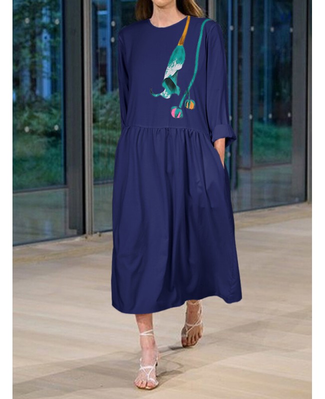 Print Long Sleeves O-neck Casual Dress For Women - Black S