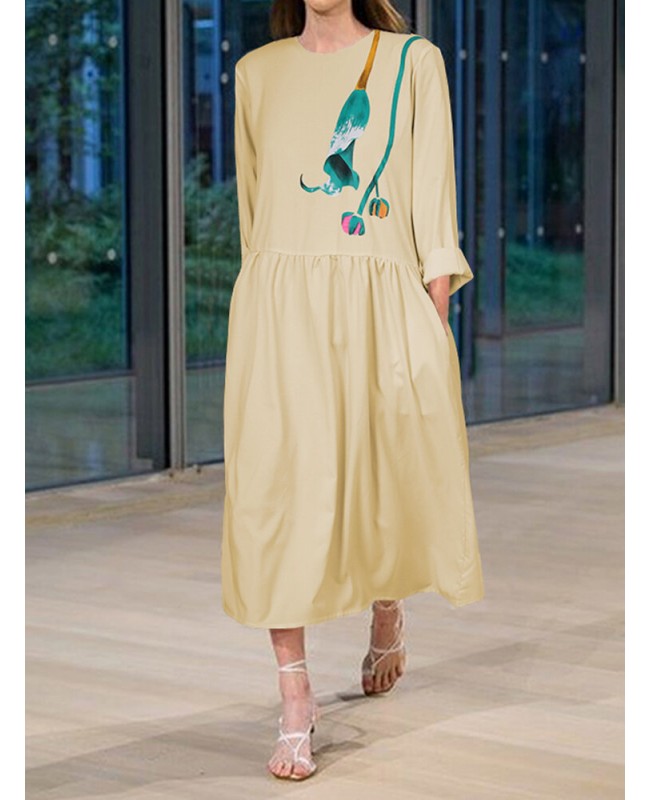 Print Long Sleeves O-neck Casual Dress For Women - Black S