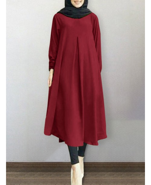 Solid Ruched Long Sleeve Casual Dress - Green S