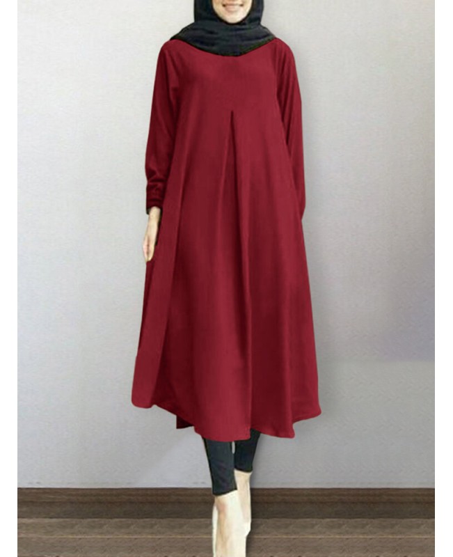 Solid Ruched Long Sleeve Casual Dress - Green S