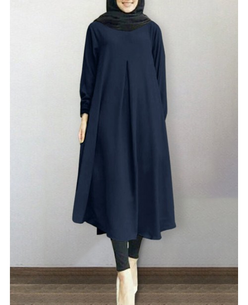 Solid Ruched Long Sleeve Casual Dress - Green S