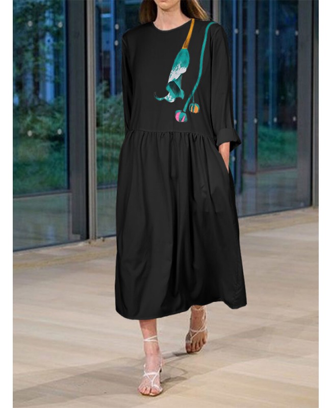 Print Long Sleeves O-neck Casual Dress For Women - Black S