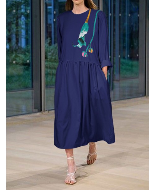 Print Long Sleeves O-neck Casual Dress For Women -...