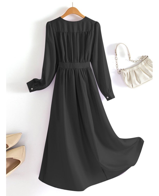 Solid Long Sleeve A-line Wrap V-neck Casual Dress - Black S