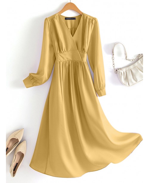 Solid Long Sleeve A-line Wrap V-neck Casual Dress ...