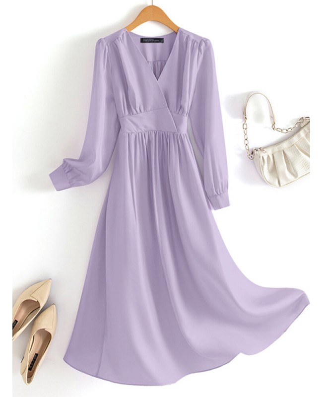 Solid Long Sleeve A-line Wrap V-neck Casual Dress - Black S