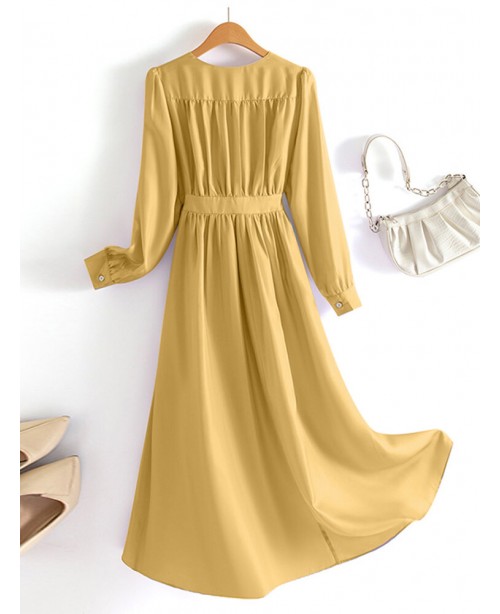 Solid Long Sleeve A-line Wrap V-neck Casual Dress ...