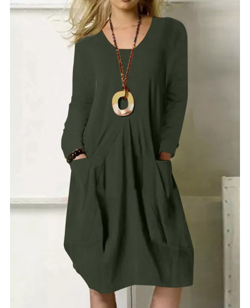Solid Pocket Long Sleeve Crew Neck Vintage Dress -...