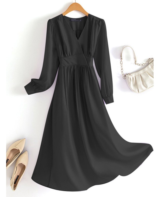 Solid Long Sleeve A-line Wrap V-neck Casual Dress - Black S