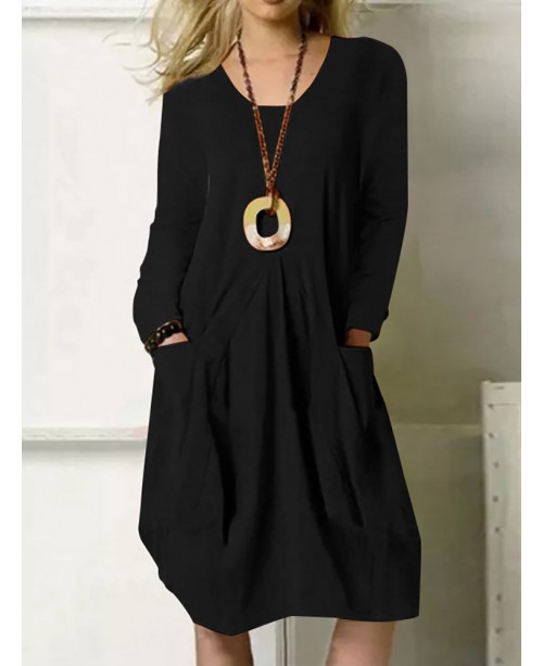 Solid Pocket Long Sleeve Crew Neck Vintage Dress -...
