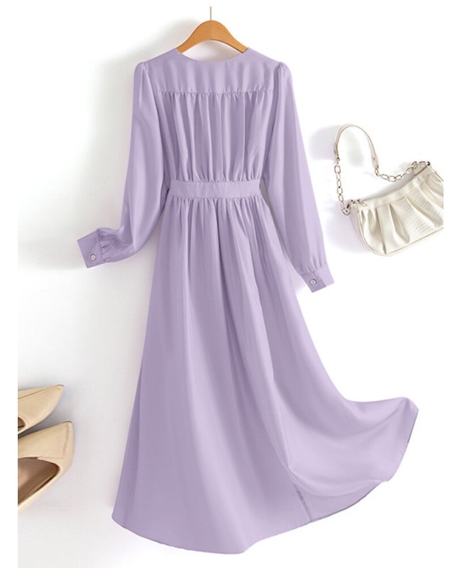 Solid Long Sleeve A-line Wrap V-neck Casual Dress - Black S