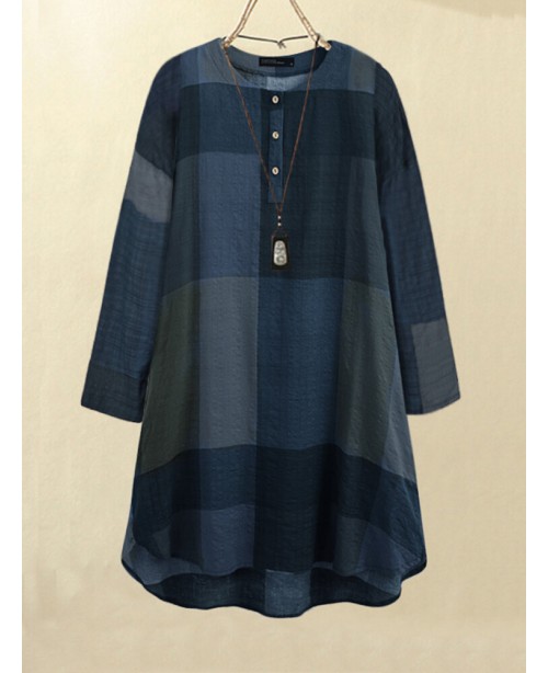 Plaid Button Long Sleeve Round Neck Casual Midi Dr...