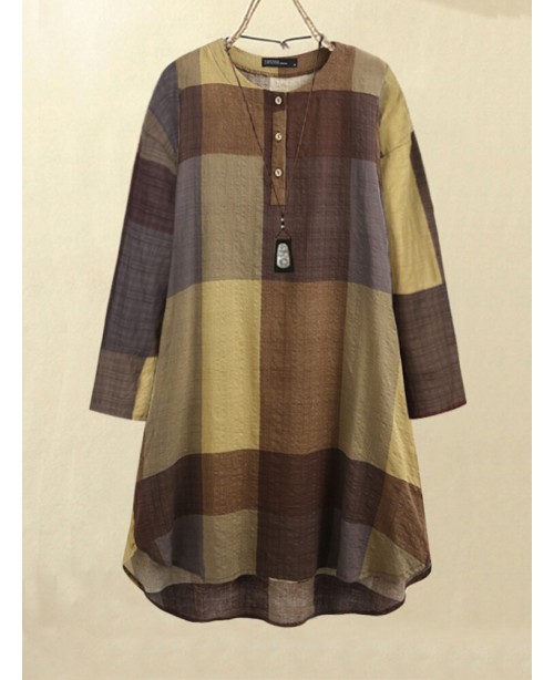 Plaid Button Long Sleeve Round Neck Casual Midi Dr...