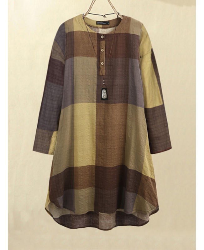 Plaid Button Long Sleeve Round Neck Casual Midi Dress - Khaki S