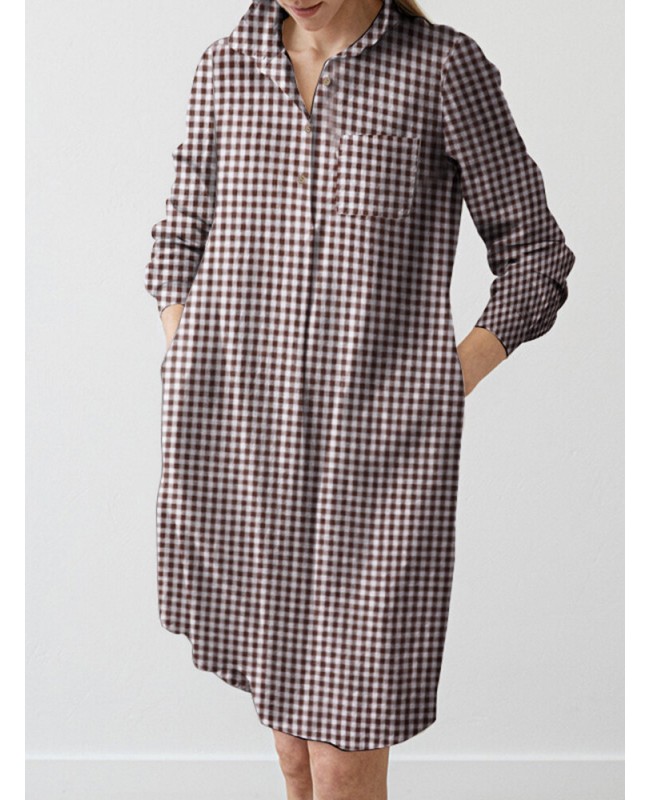 Check Pattern Long Sleeve Lapel Pocket Button Dress - Black S