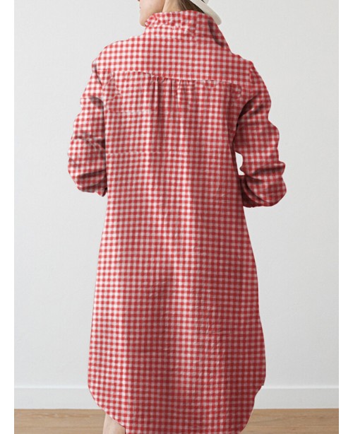 Check Pattern Long Sleeve Lapel Pocket Button Dres...