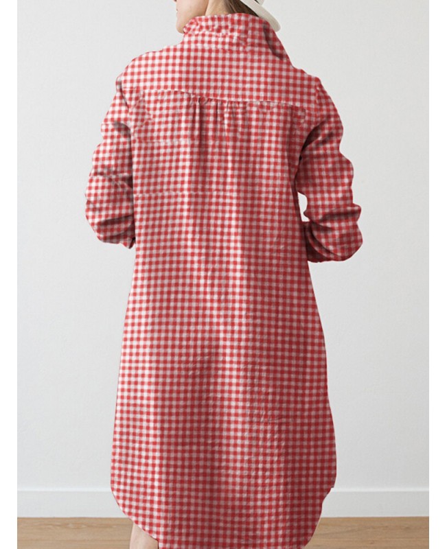 Check Pattern Long Sleeve Lapel Pocket Button Dress - Black S