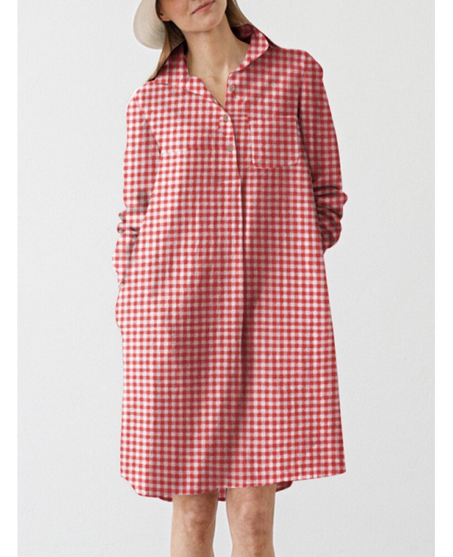 Check Pattern Long Sleeve Lapel Pocket Button Dress - Black S