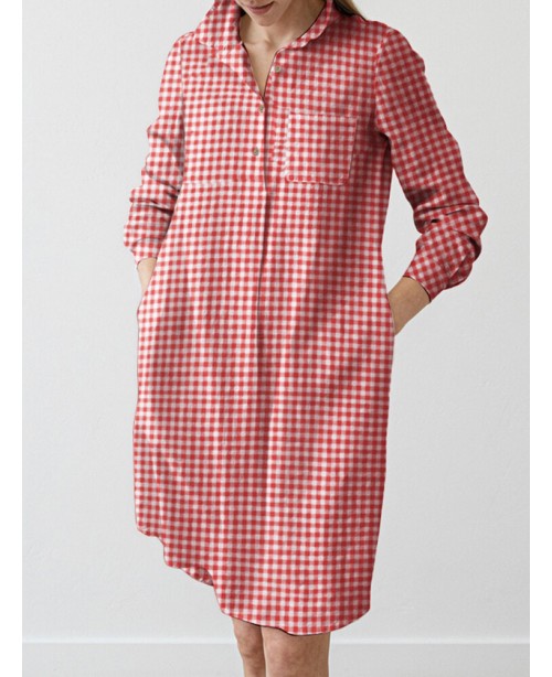 Check Pattern Long Sleeve Lapel Pocket Button Dres...