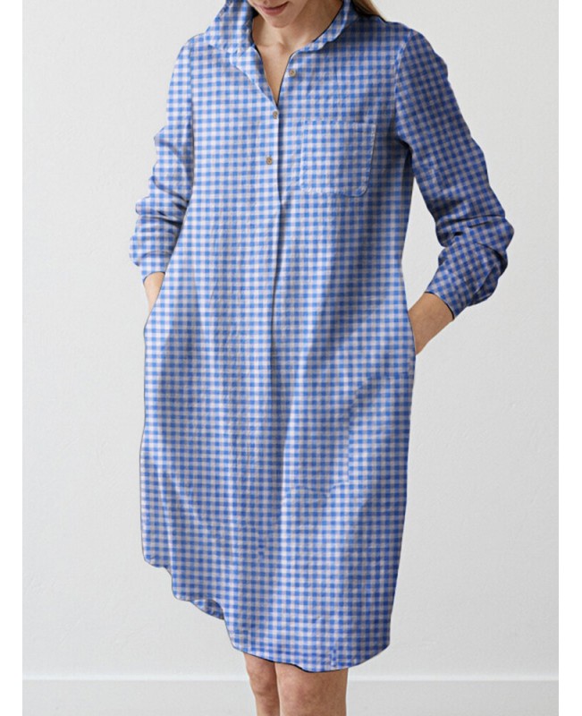 Check Pattern Long Sleeve Lapel Pocket Button Dress - Black S