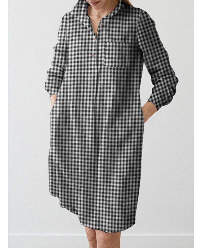 Check Pattern Long Sleeve Lapel Pocket Button Dress - Black S