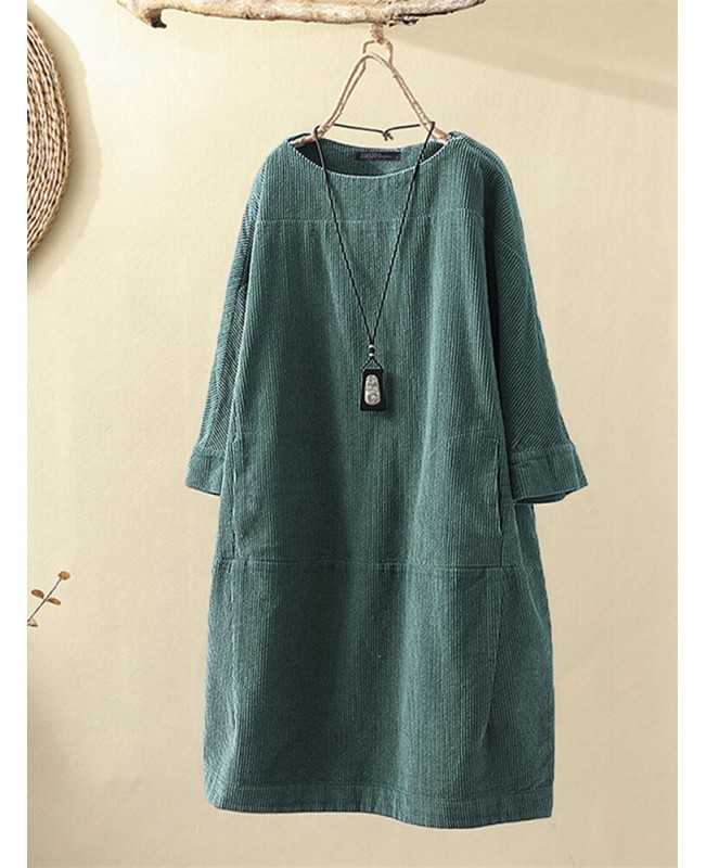 Corduroy Solid Long Sleeve Pocket Crew Neck Casual Dress - Yellow M