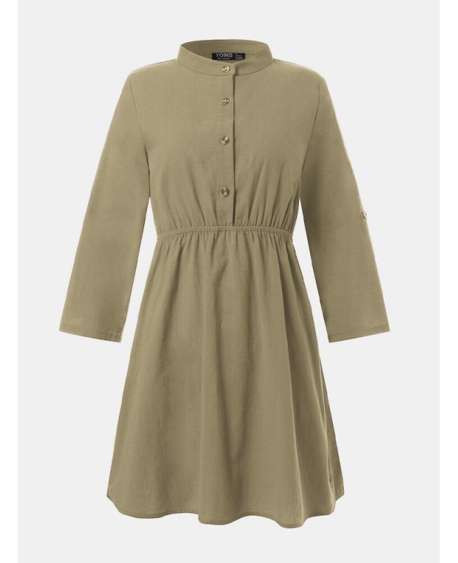 Elegante Damen Kleider Long Sleeve Button Dress - Khaki L