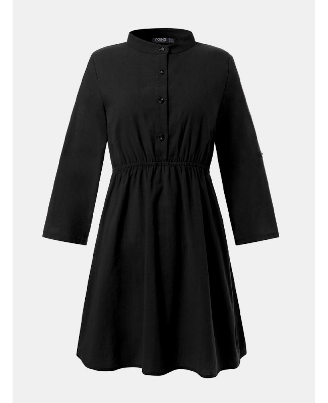 Elegante Damen Kleider Long Sleeve Button Dress - Khaki L