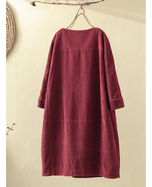 Corduroy Solid Long Sleeve Pocket Crew Neck Casual...