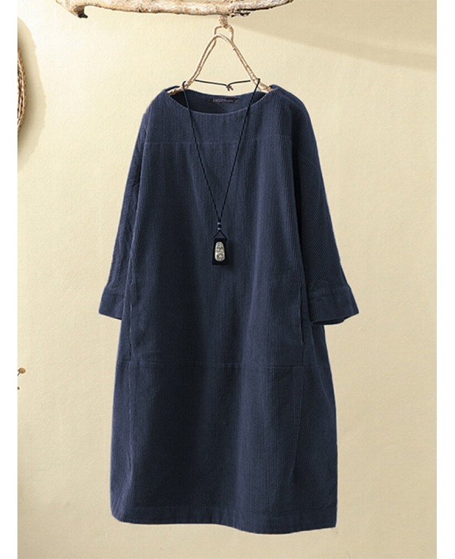 Corduroy Solid Long Sleeve Pocket Crew Neck Casual Dress - Yellow M