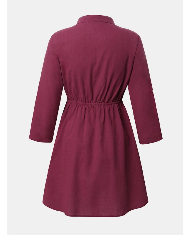 Elegante Damen Kleider Long Sleeve Button Dress - Khaki L