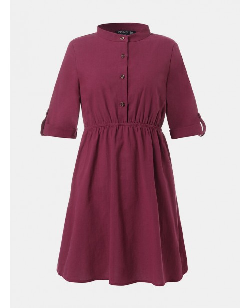 Elegante Damen Kleider Long Sleeve Button Dress - ...