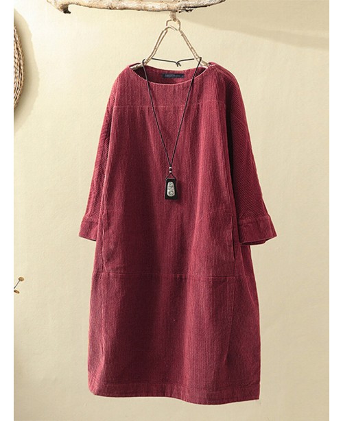 Corduroy Solid Long Sleeve Pocket Crew Neck Casual...