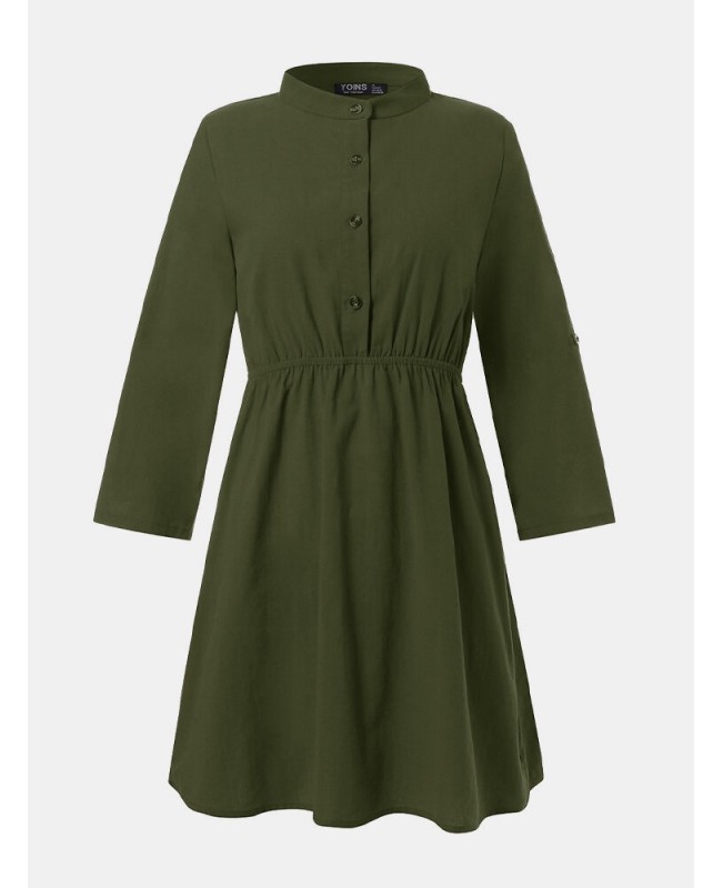 Elegante Damen Kleider Long Sleeve Button Dress - Khaki L