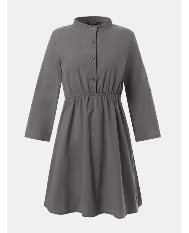 Elegante Damen Kleider Long Sleeve Button Dress - Khaki L