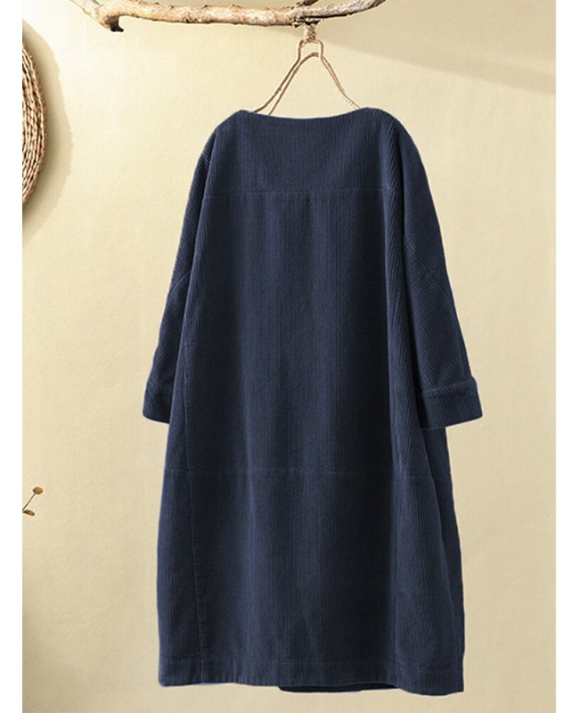 Corduroy Solid Long Sleeve Pocket Crew Neck Casual Dress - Yellow M