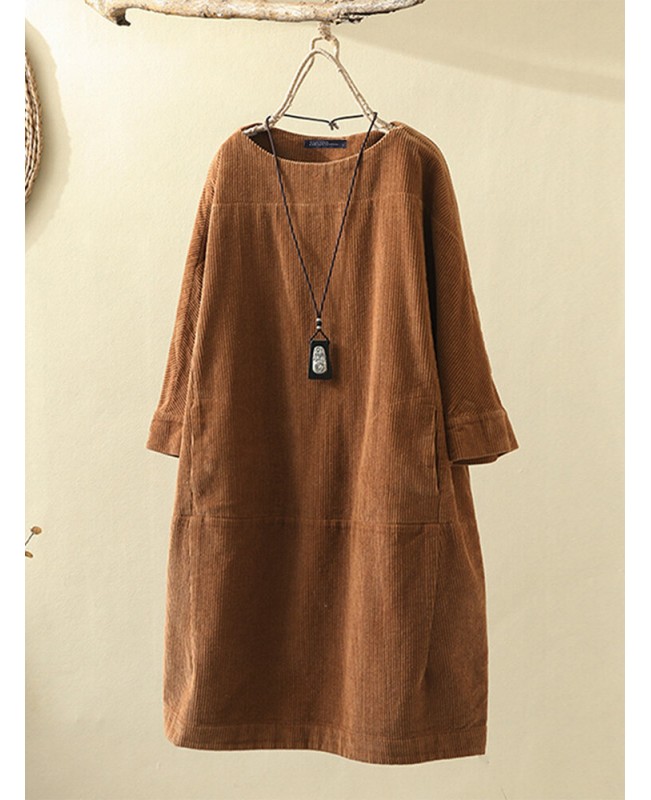 Corduroy Solid Long Sleeve Pocket Crew Neck Casual Dress - Yellow M