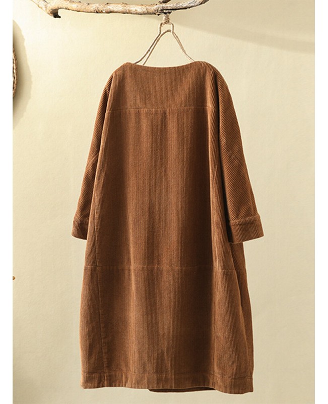 Corduroy Solid Long Sleeve Pocket Crew Neck Casual Dress - Yellow M