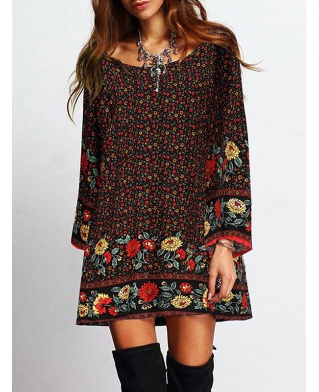 Floral Print Crew Neck Bohemian Bell Long Sleeve Dress - Black S