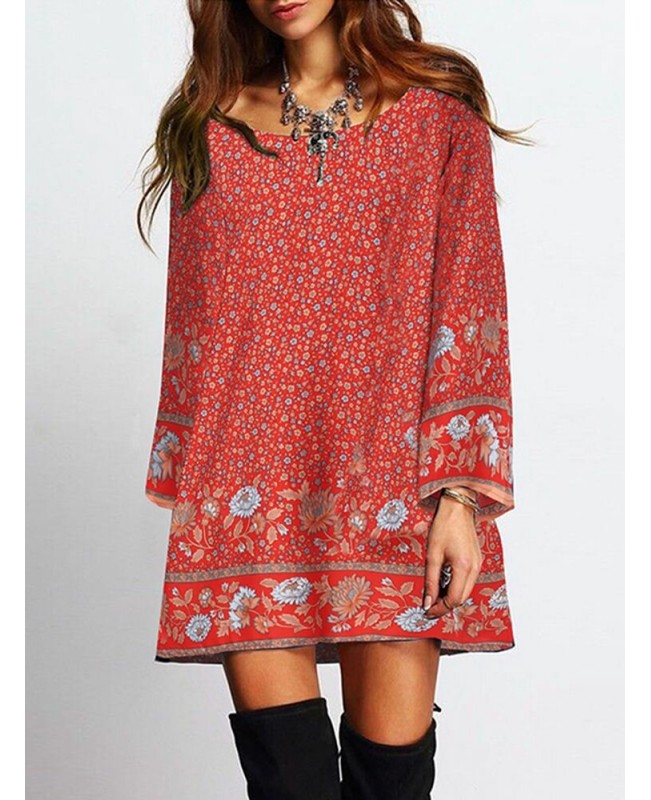 Floral Print Crew Neck Bohemian Bell Long Sleeve Dress - Black S
