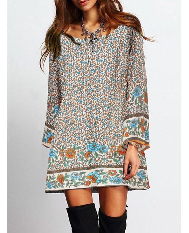 Floral Print Crew Neck Bohemian Bell Long Sleeve Dress - Black S