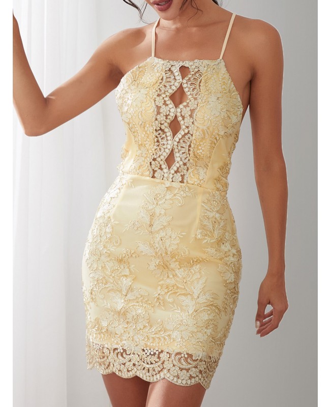 Elegant Embroidered Hollow Out Halter Neck Backles...