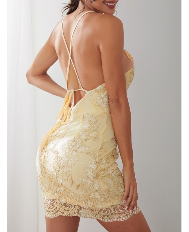 Elegant Embroidered Hollow Out Halter Neck Backles...