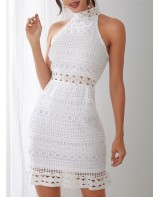 White Lace Hollow Out Design High Neck Off Shoulde...