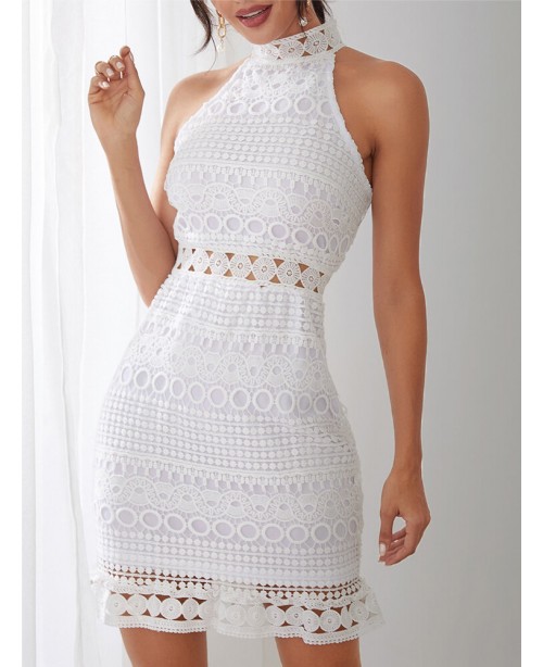 White Lace Hollow Out Design High Neck Off Shoulde...